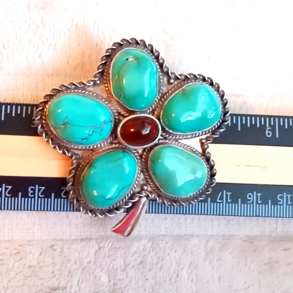 STERLING SILVER, TURQUOISE AND AMBER PIN/PENDENT - Picture 8 of 10